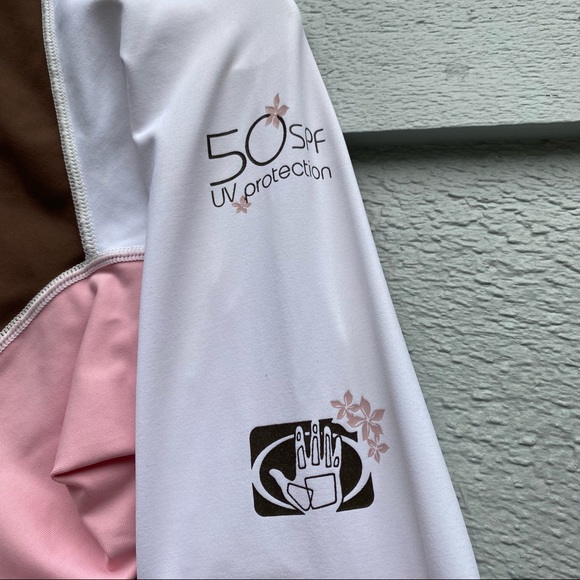 Body Glove Girl's Size Large 50 SPF UV Protection Rashguard, Pink/White/Brown - Picture 2 of 5